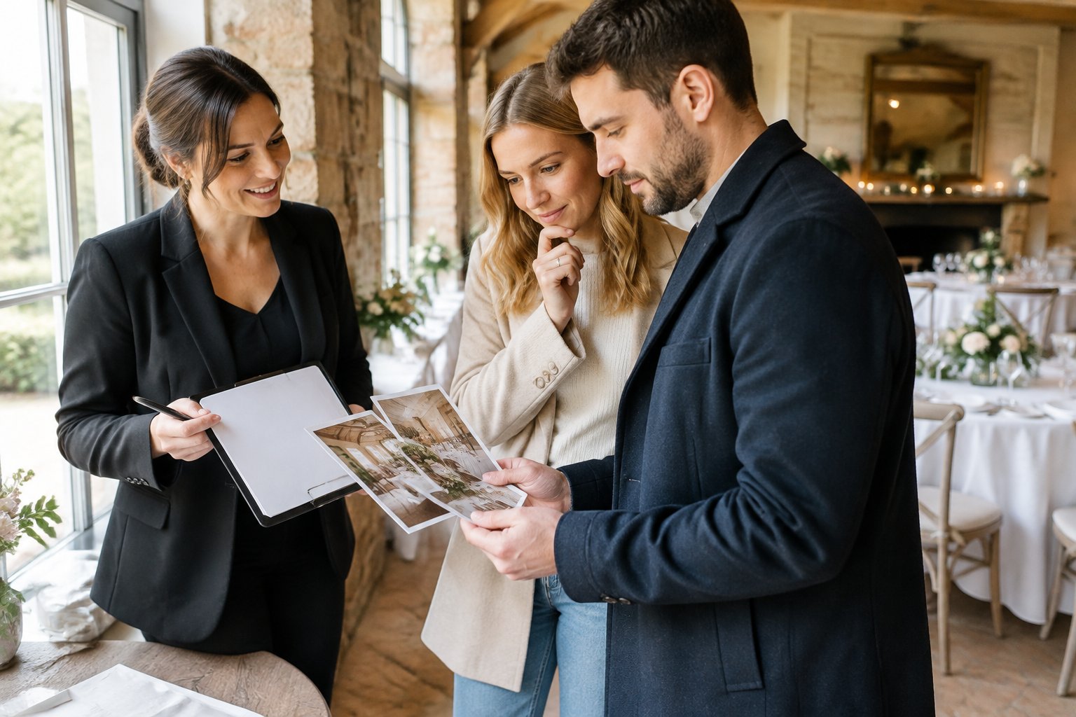 A couple and venue coordinator review wedding venue options in an intimate reception room.