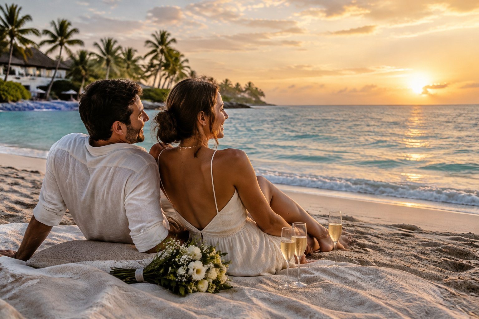 A newlywed couple relaxes together on a tropical beach at sunset.