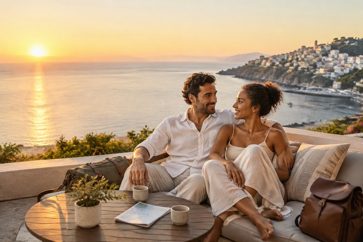 A newlywed couple relaxes together on a terrace overlooking the sea.