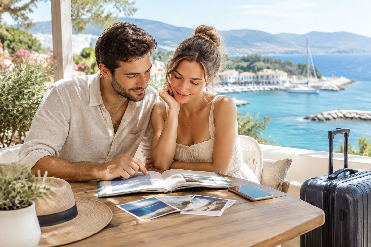 A newlywed couple reviews travel plans together at a seaside café.