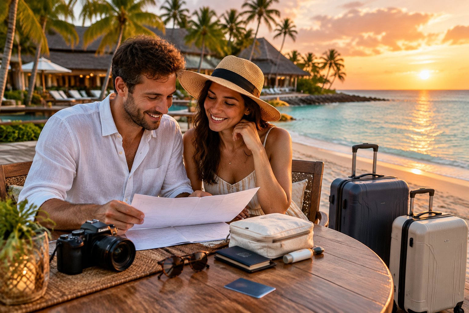 A newlywed couple relaxes at a beachfront café beside their luggage.
