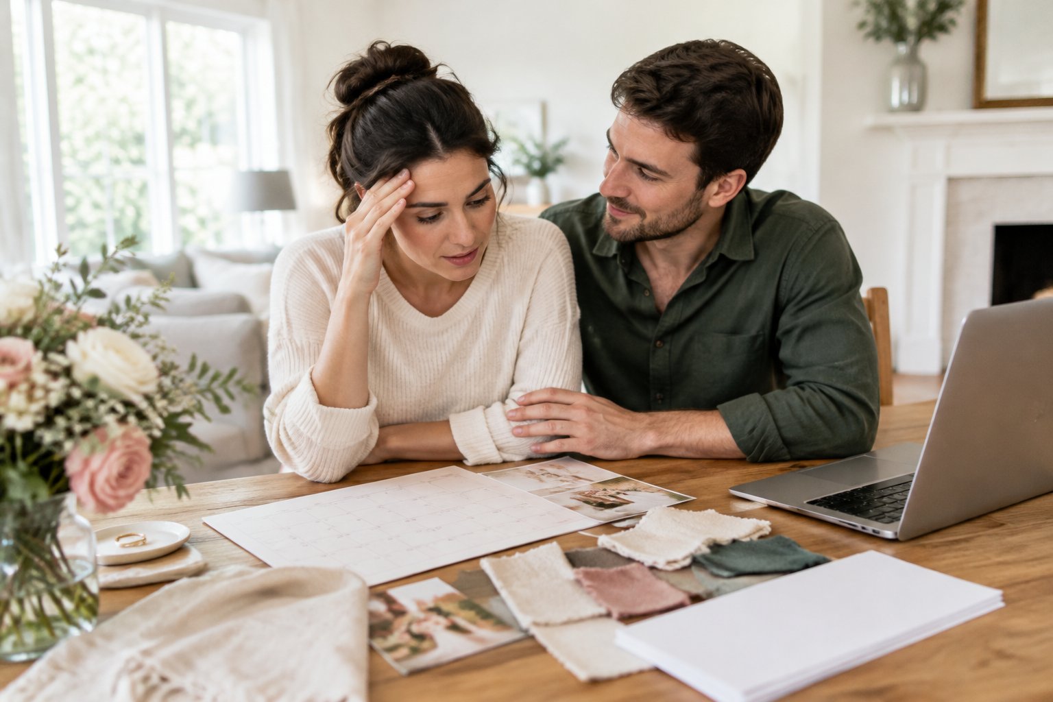 An engaged couple reviews wedding plans together at a table.