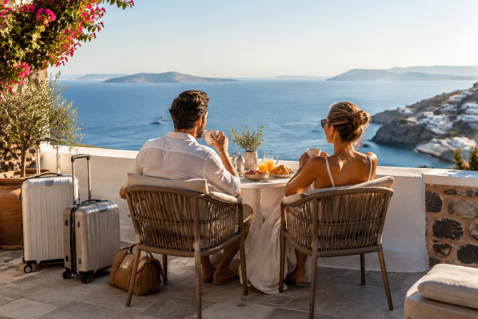 A newlywed couple enjoys breakfast together on a terrace overlooking the sea.