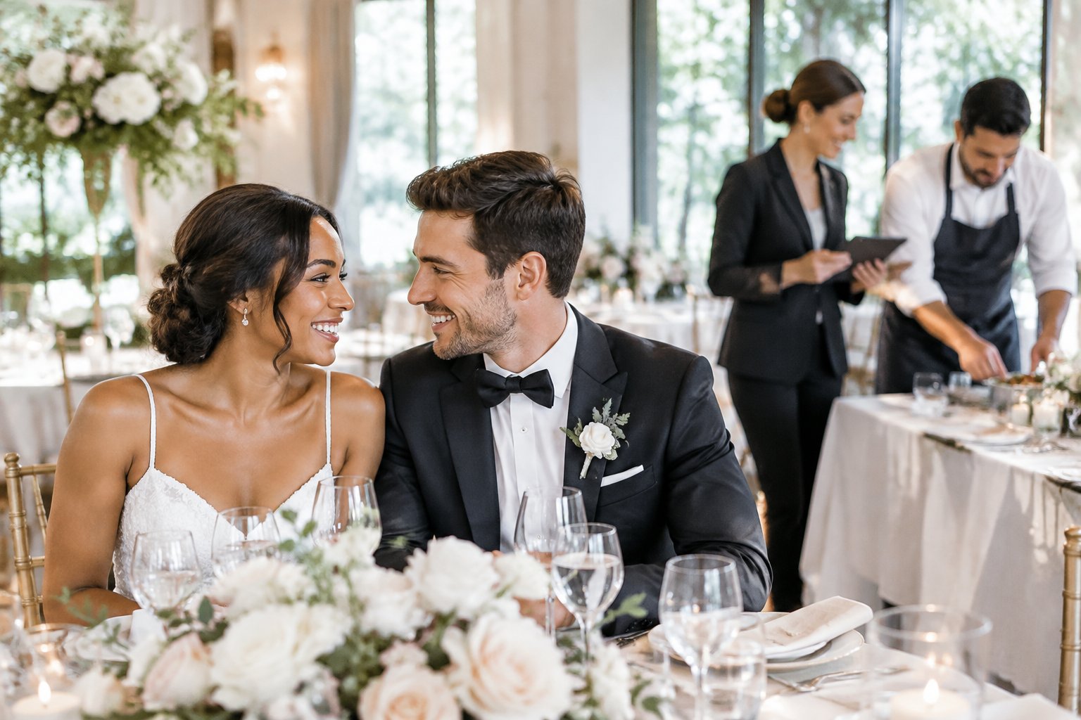 A wedding planner assists at a reception as a relaxed couple enjoys the celebration.