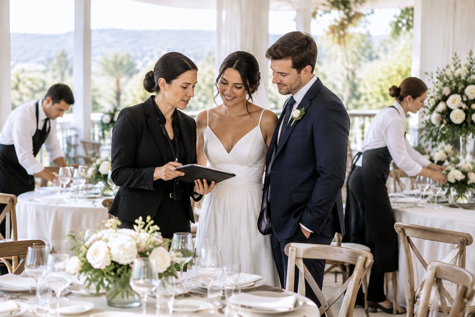 A wedding planner reviews reception details with a couple as staff prepare the venue.