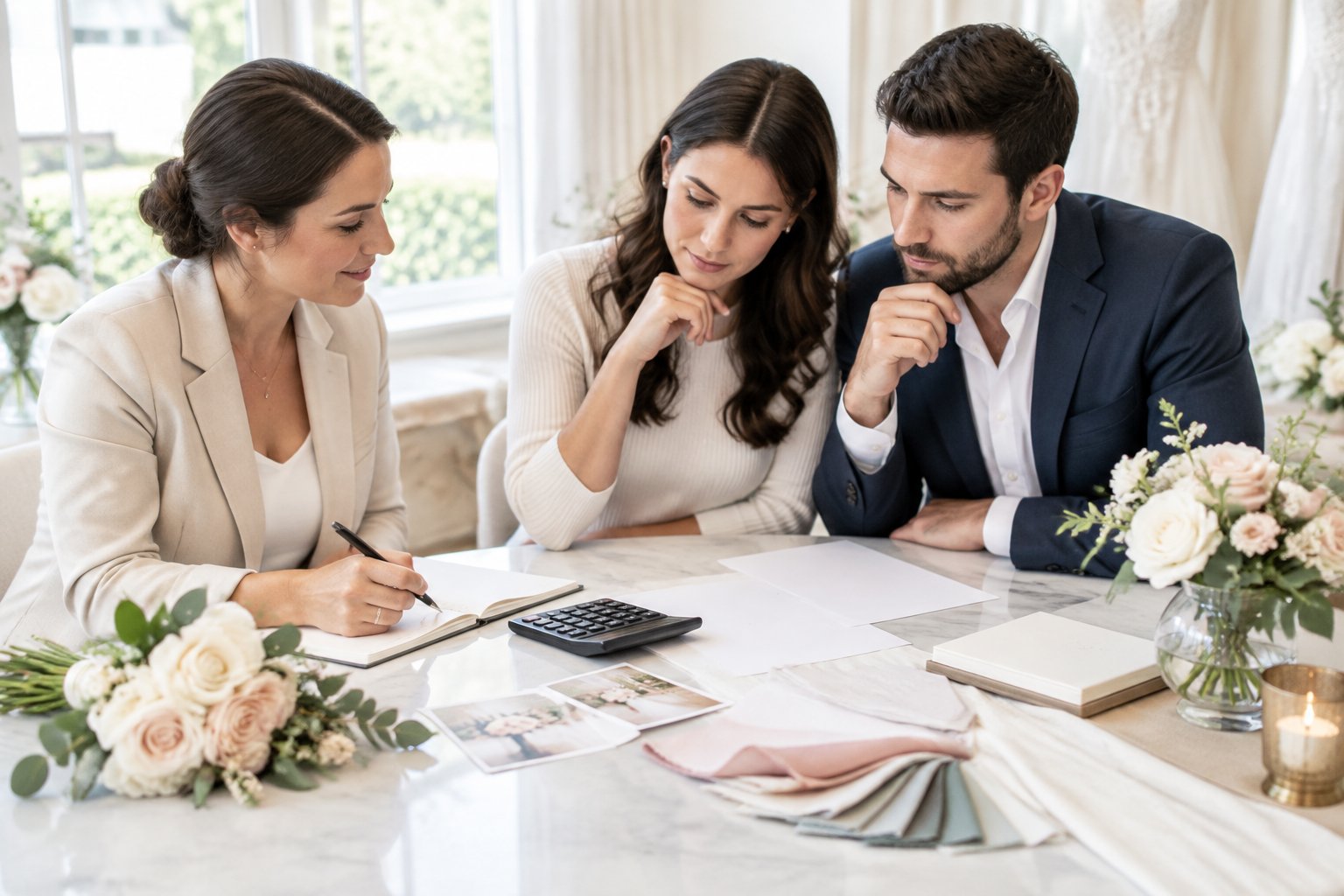 A wedding planner reviews budget materials with an engaged couple at a table.
