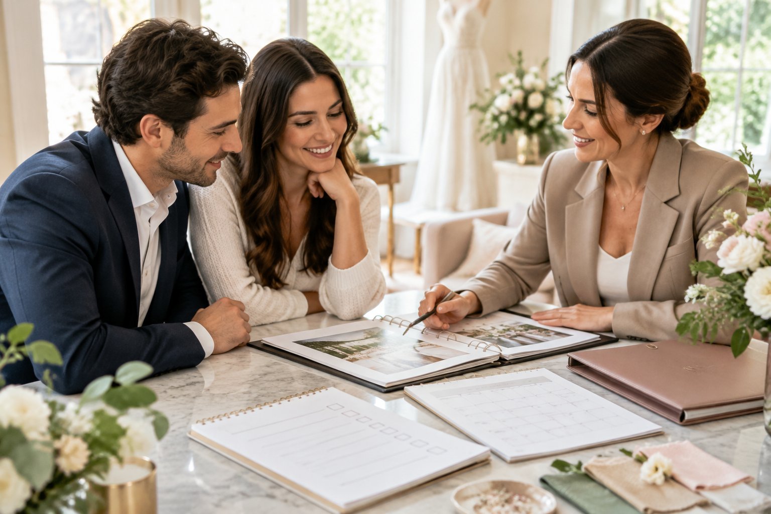 A wedding planner reviews plans with an engaged couple at a table.