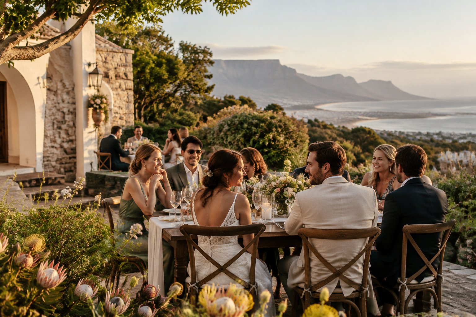 A small wedding reception in a garden with guests seated at tables and Table Mountain in the distance.