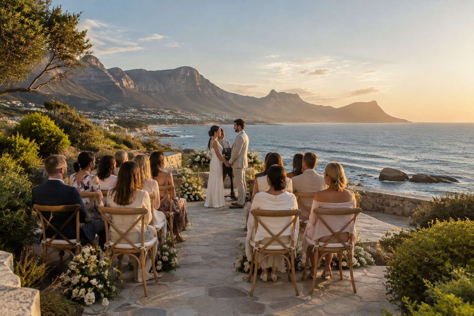 A couple celebrates their wedding on a small terrace overlooking the coast.