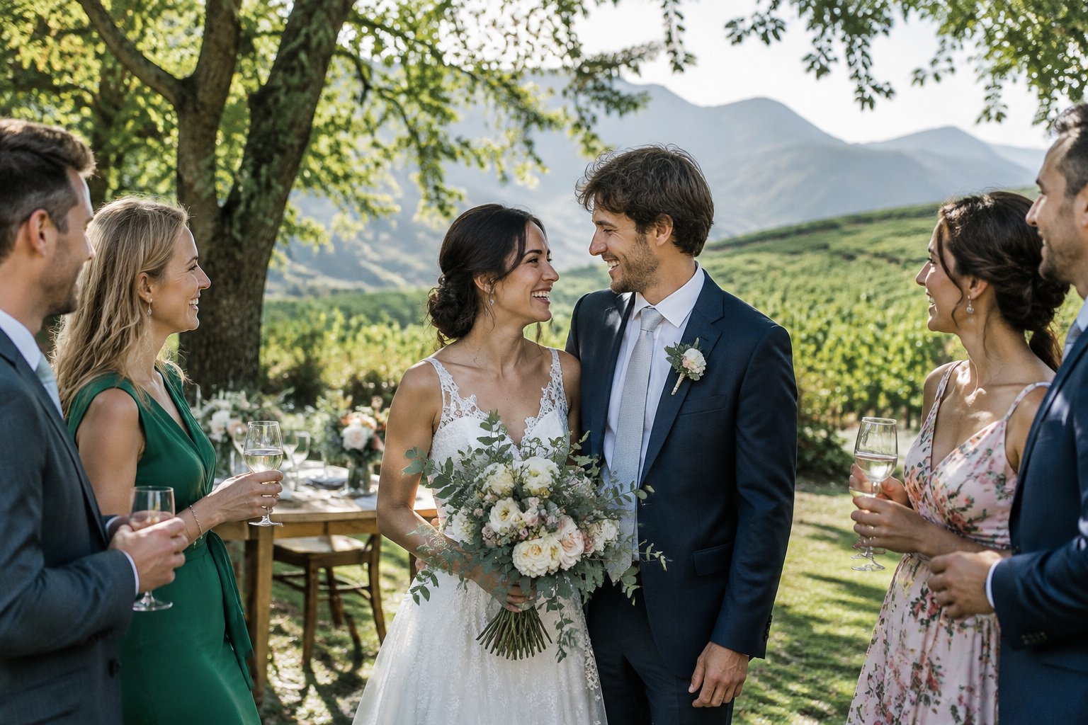 A newly married couple celebrates with guests in a garden overlooking a vineyard.