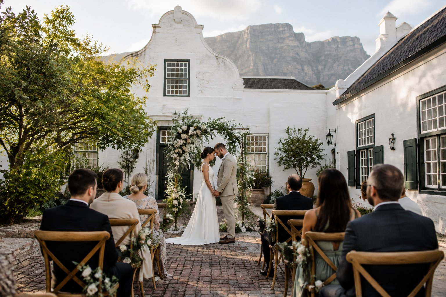A couple shares a wedding moment with a small group of guests in a historic Cape Town courtyard.