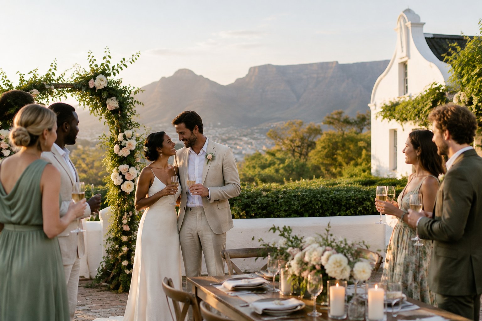 A couple celebrates with a small group of guests at an outdoor Cape Town wedding.