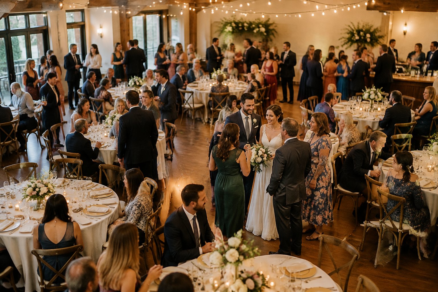 A newlywed couple celebrates with guests at a wedding reception.