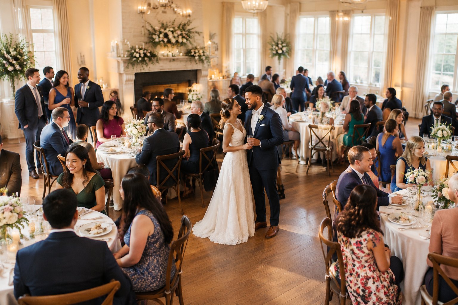 A couple celebrates with guests at a wedding reception.