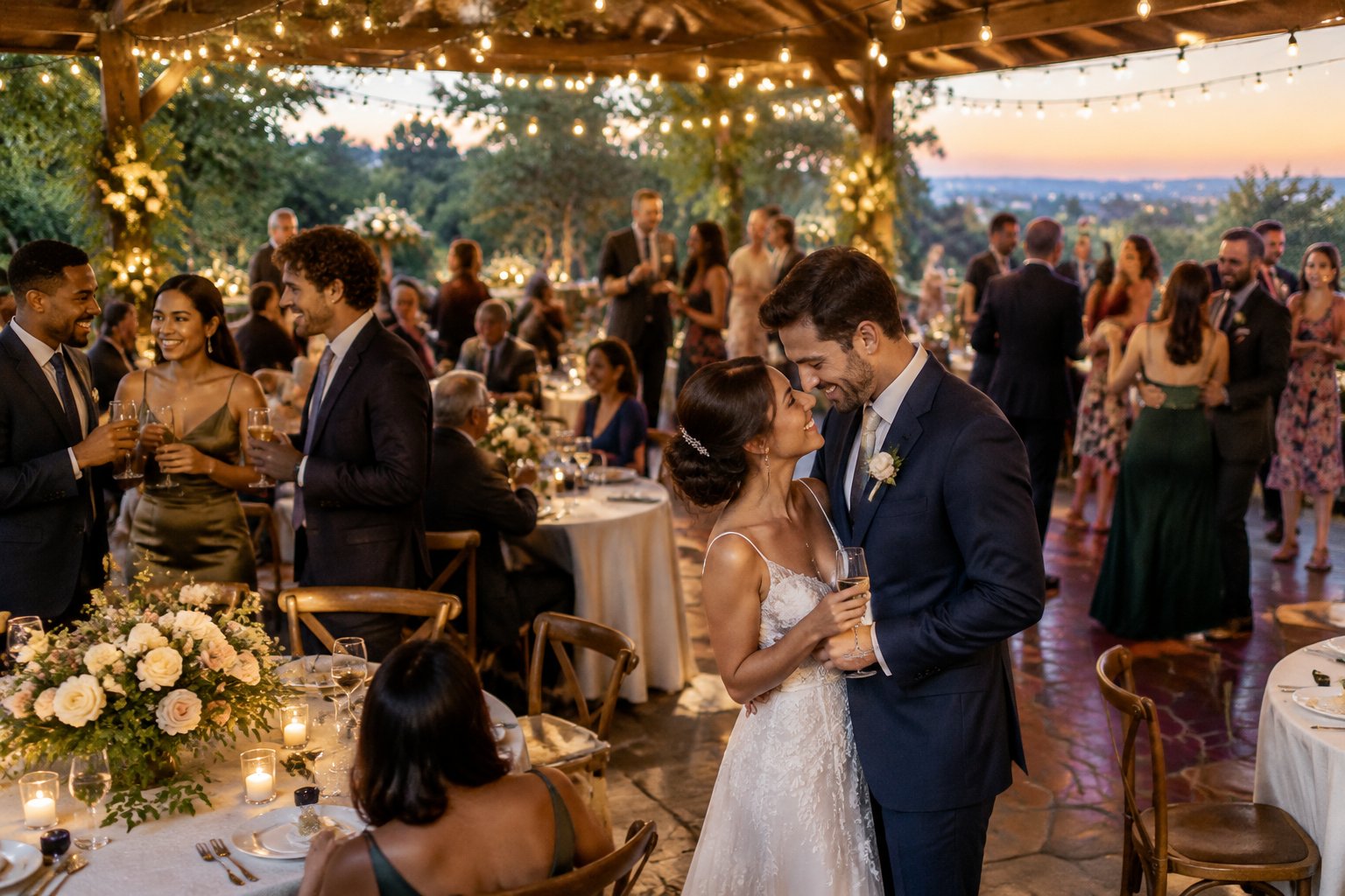A newly married couple celebrates with guests at a warmly lit wedding reception.