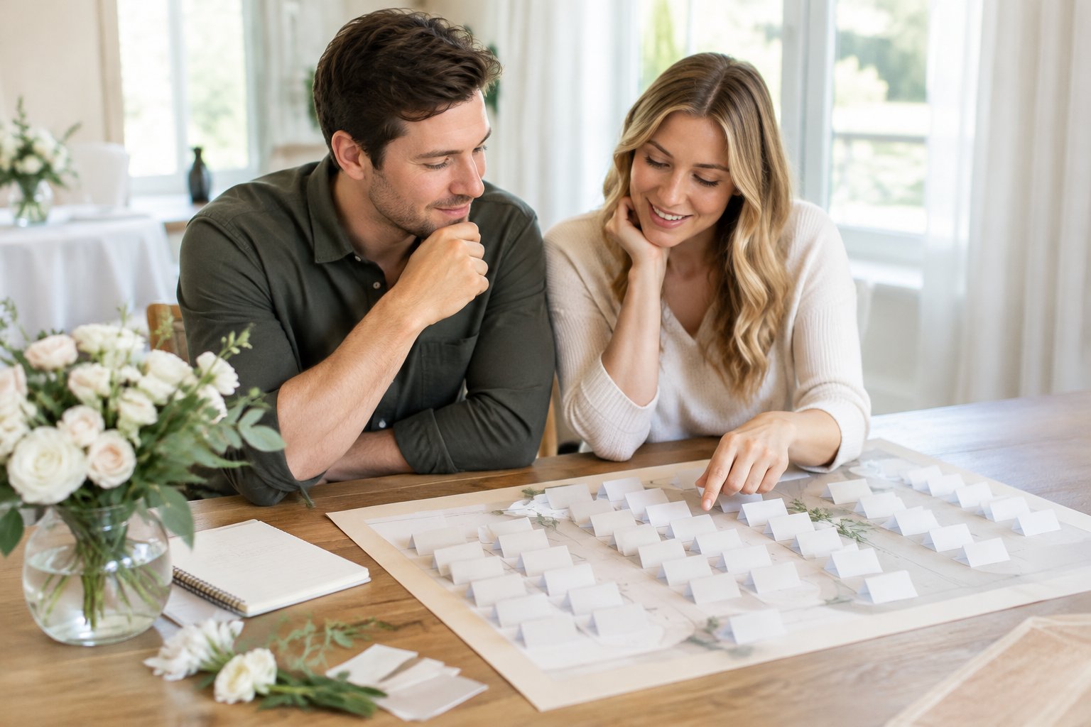 A couple reviews a wedding seating plan together at a planning table.