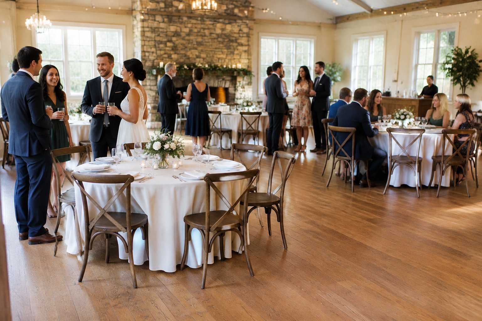 Guests mingle among dinner tables at an intimate wedding reception.