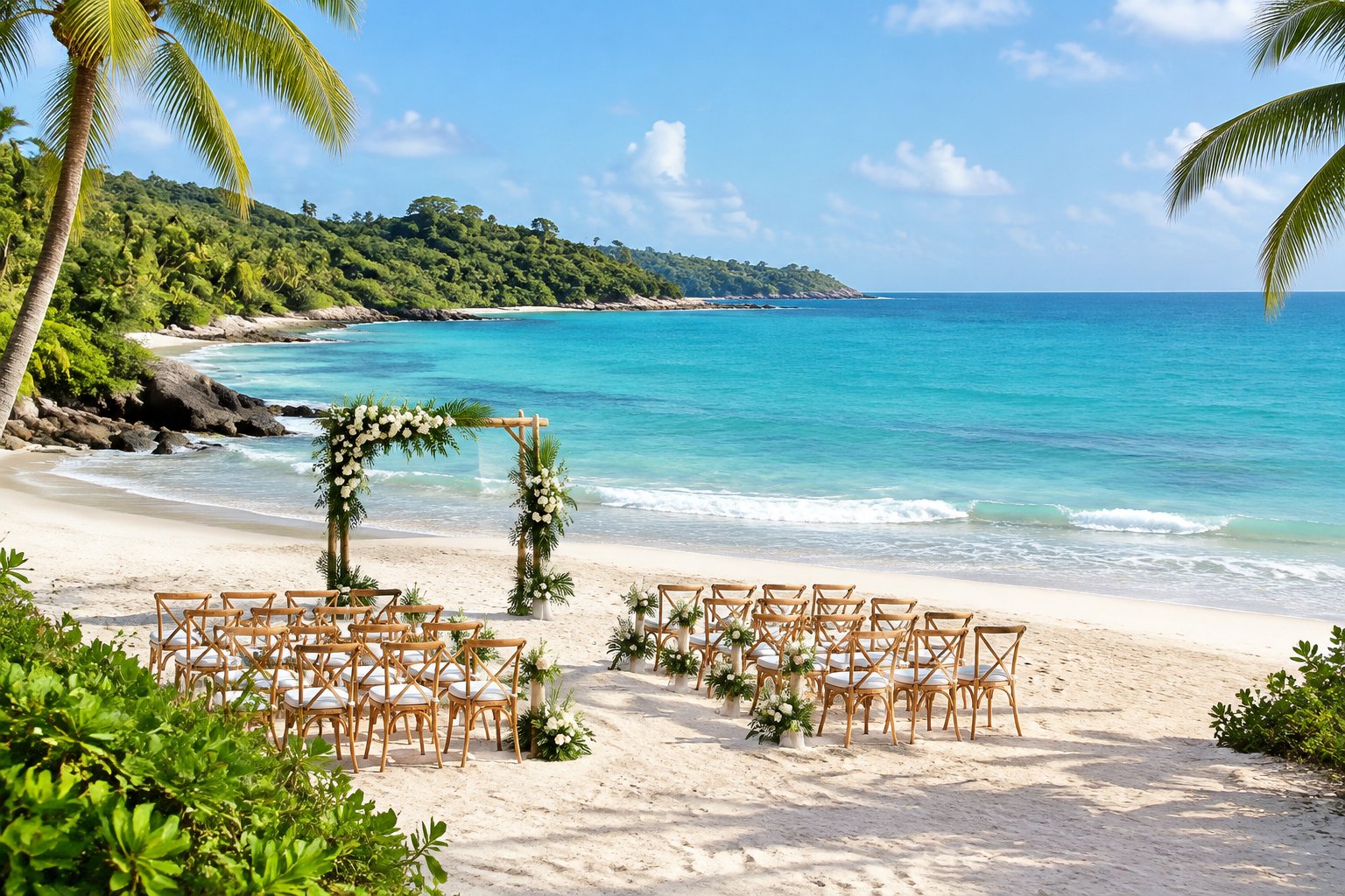 A wedding ceremony setup on a sandy island beach beside turquoise water.