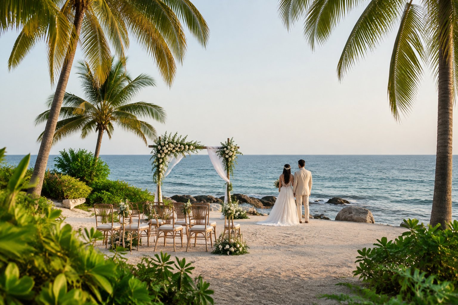 A couple stands beside a flower-decorated wedding arch on a tropical beach.