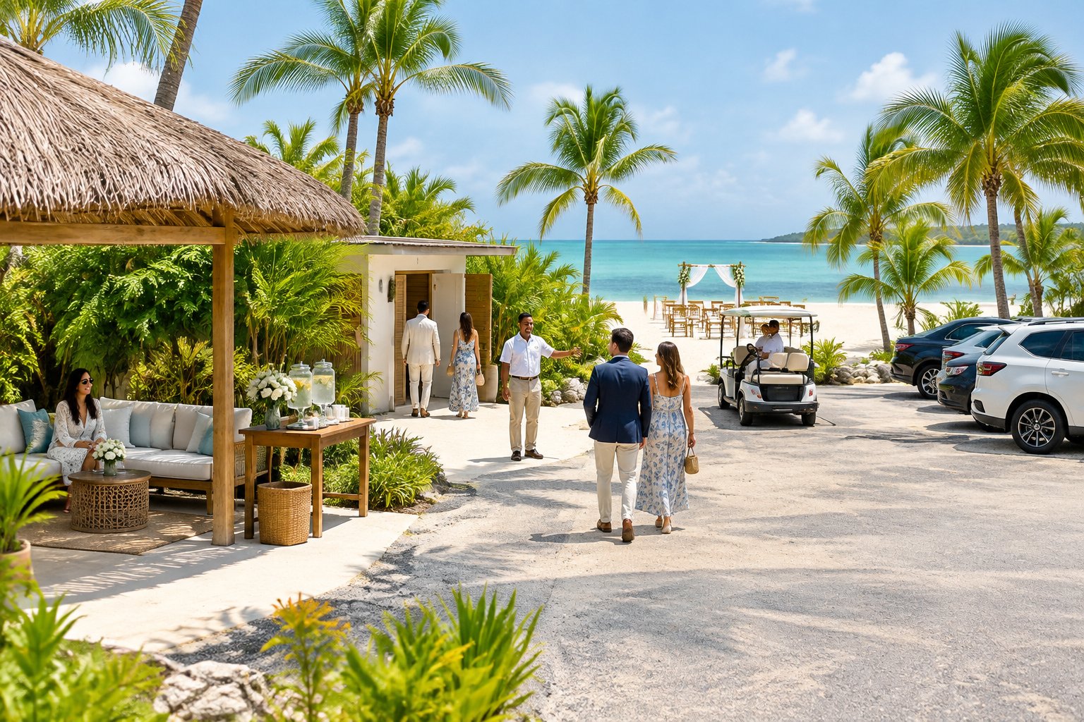 Wedding guests arrive at a tropical beach venue with nearby parking and amenities.