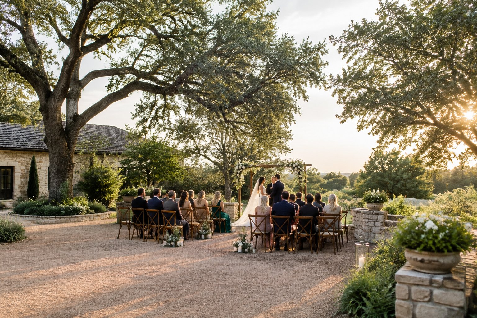 A couple exchanges vows at a small outdoor wedding ceremony in a garden courtyard.