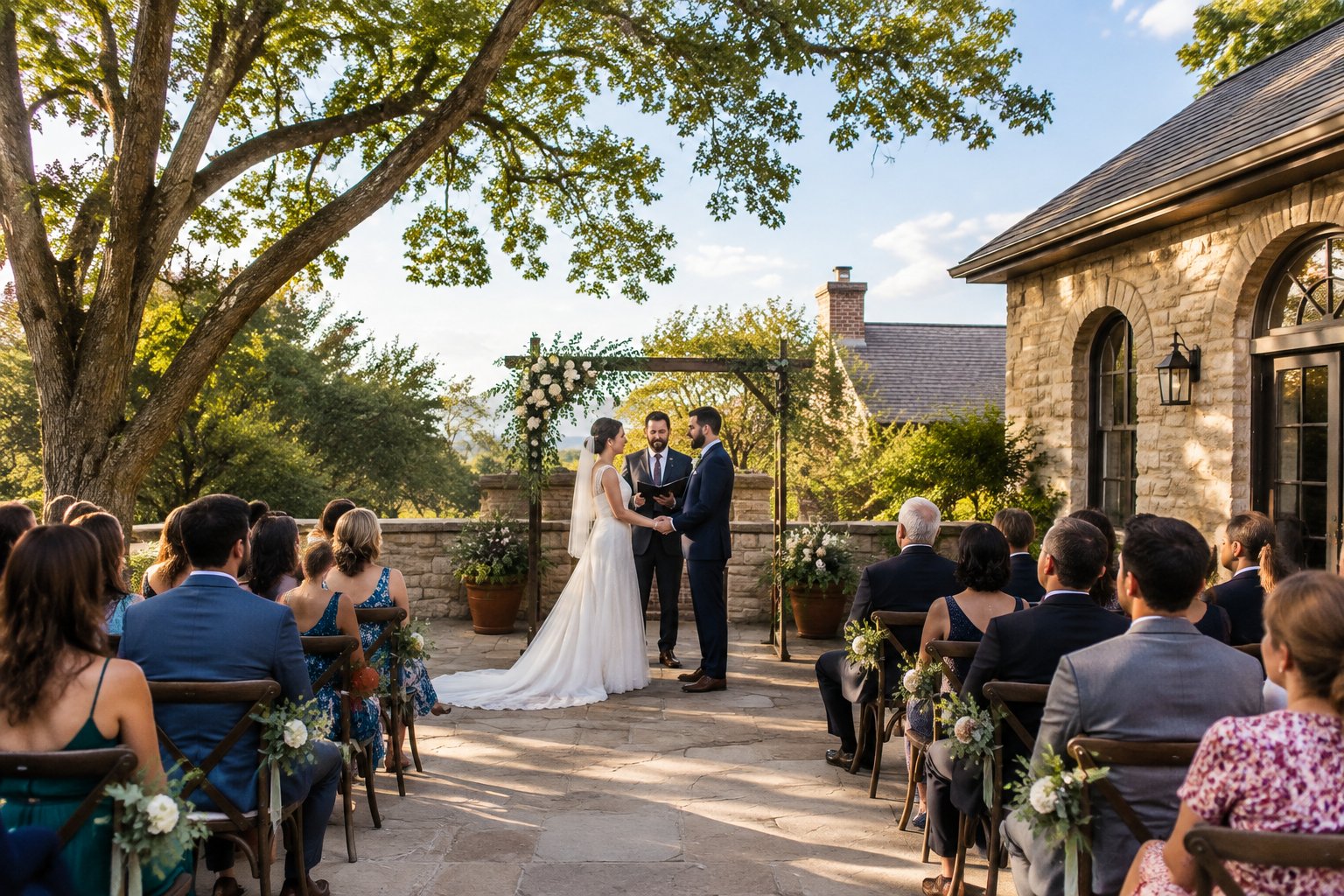 A couple exchanges vows in a garden courtyard before a small group of guests.