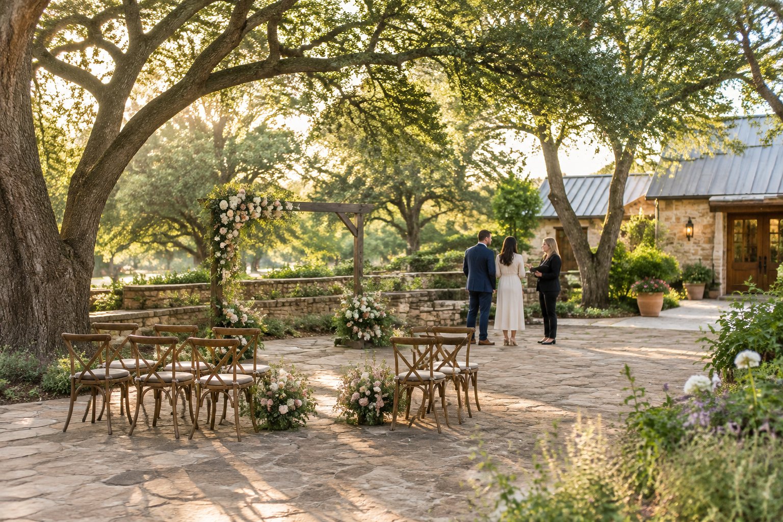 A couple and coordinator view a small garden wedding ceremony setup.