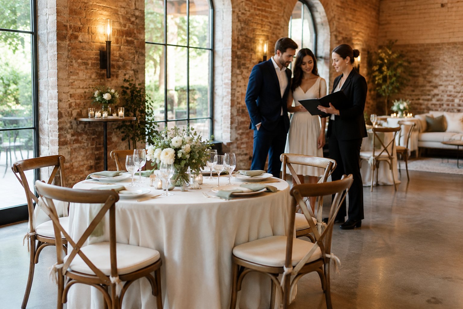 A couple and venue coordinator review seating in a small wedding reception room.