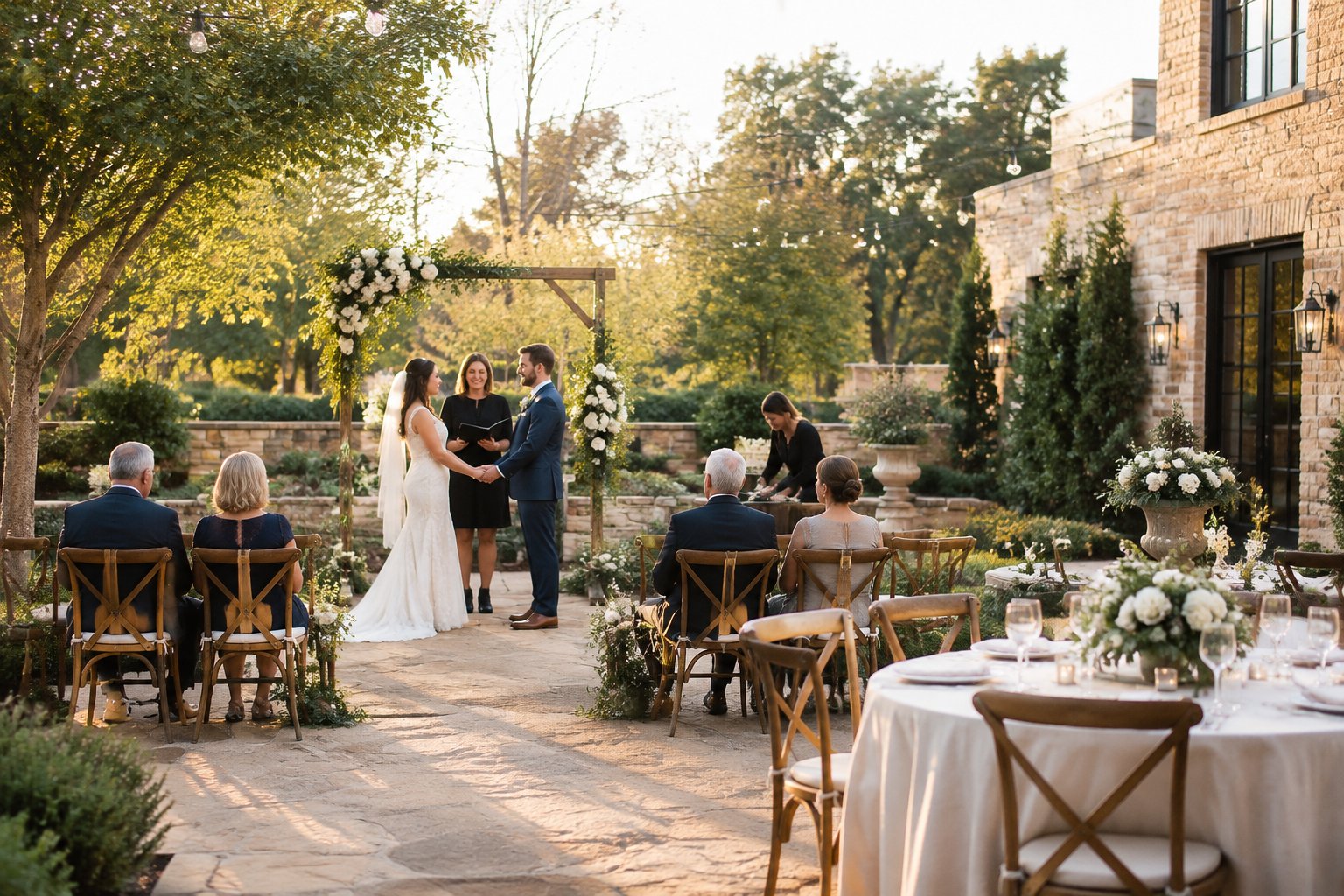 A couple exchanges vows at a small garden wedding attended by close family.