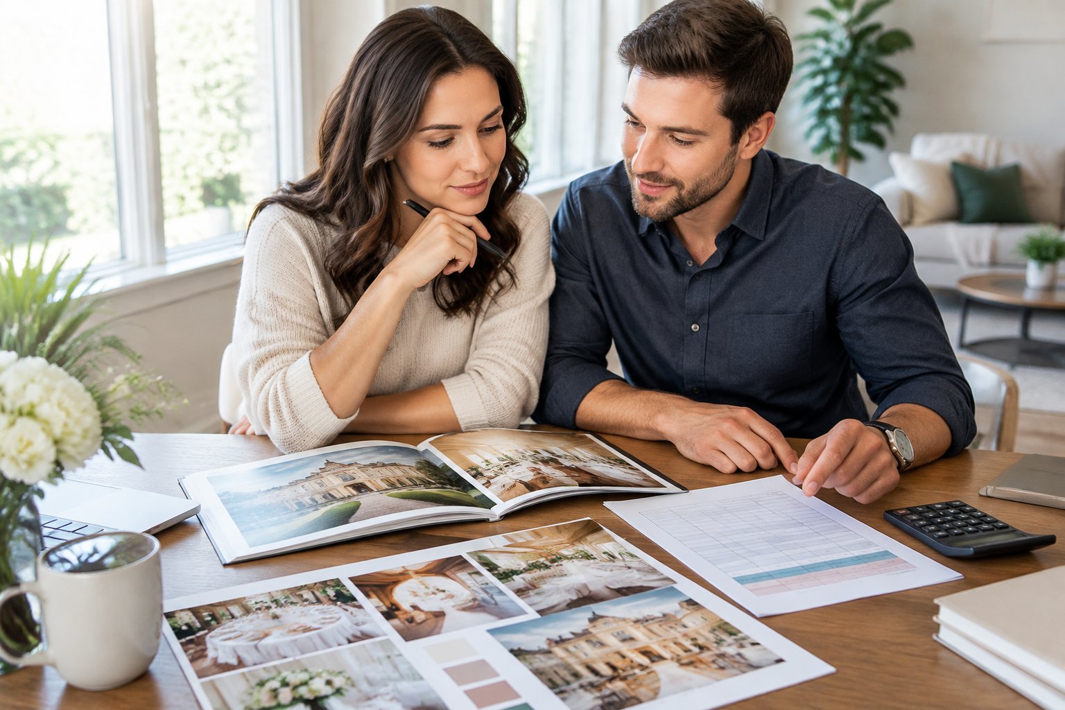 An engaged couple reviews wedding plans and a budget together at a table.