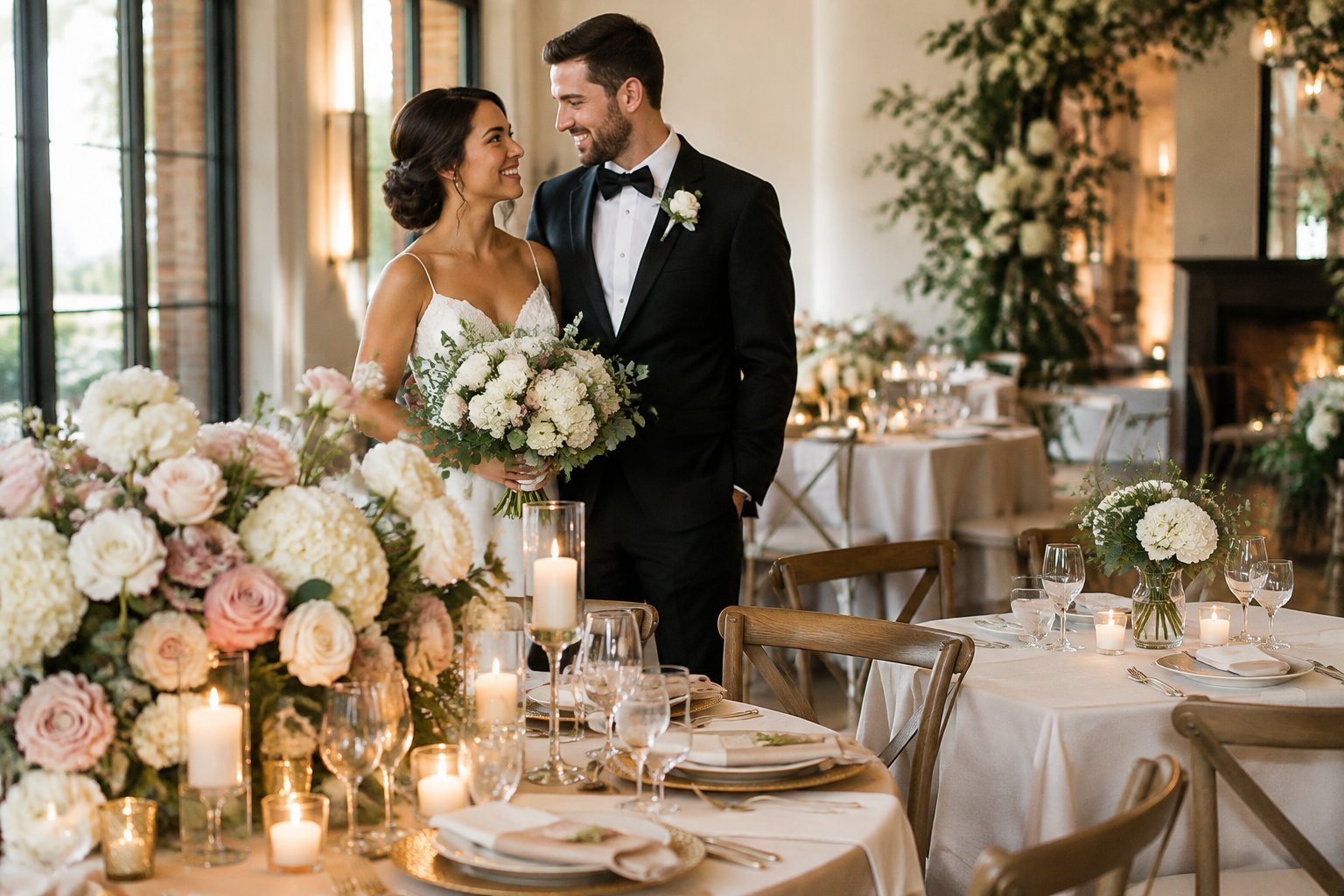 A couple at a wedding reception beside two tables with different levels of decoration.