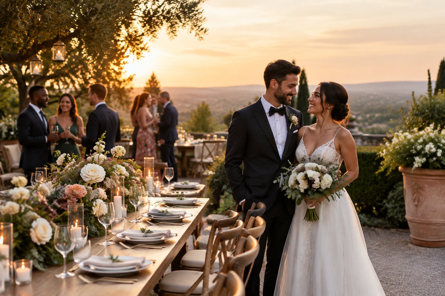 A couple in wedding attire shares a moment at an elegant garden reception.