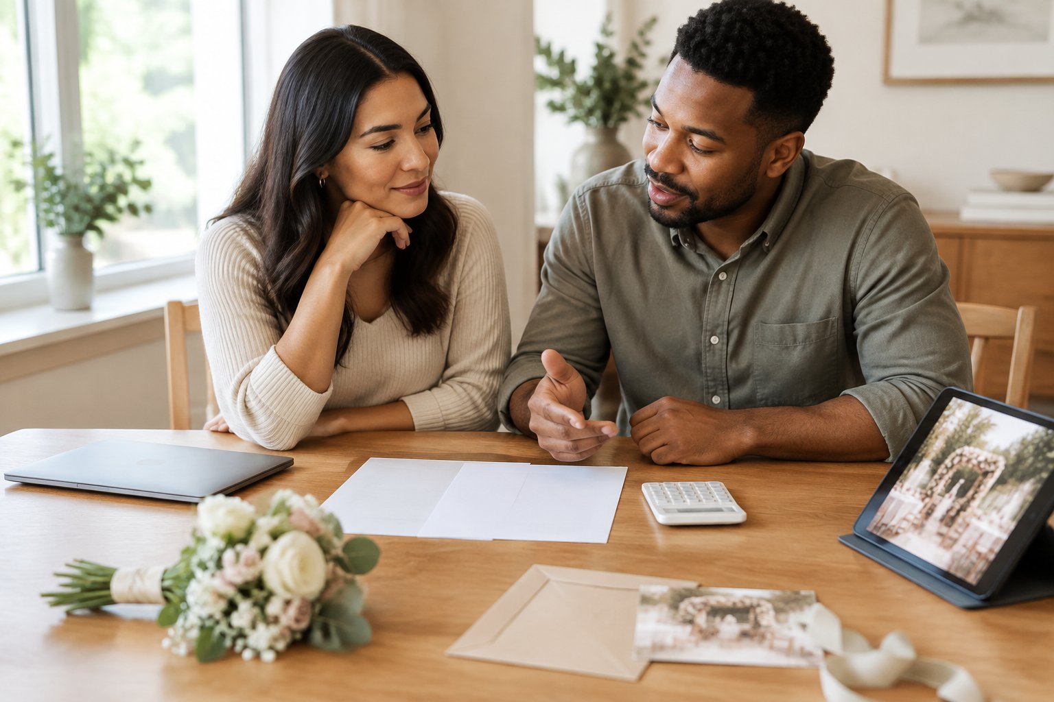 An engaged couple discusses wedding plans and a budget at their dining table.