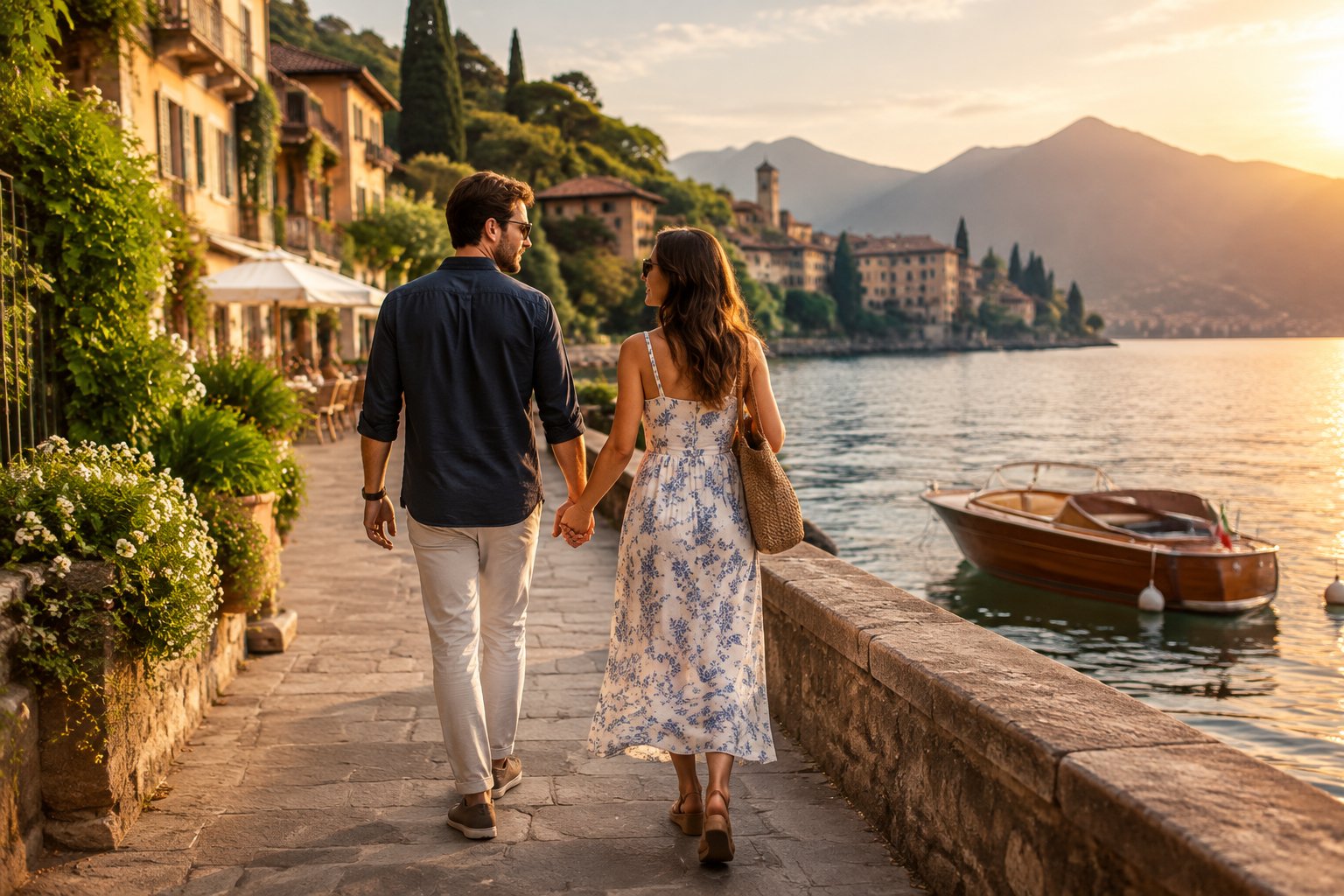 A couple strolls hand in hand along an Italian lakeside promenade.