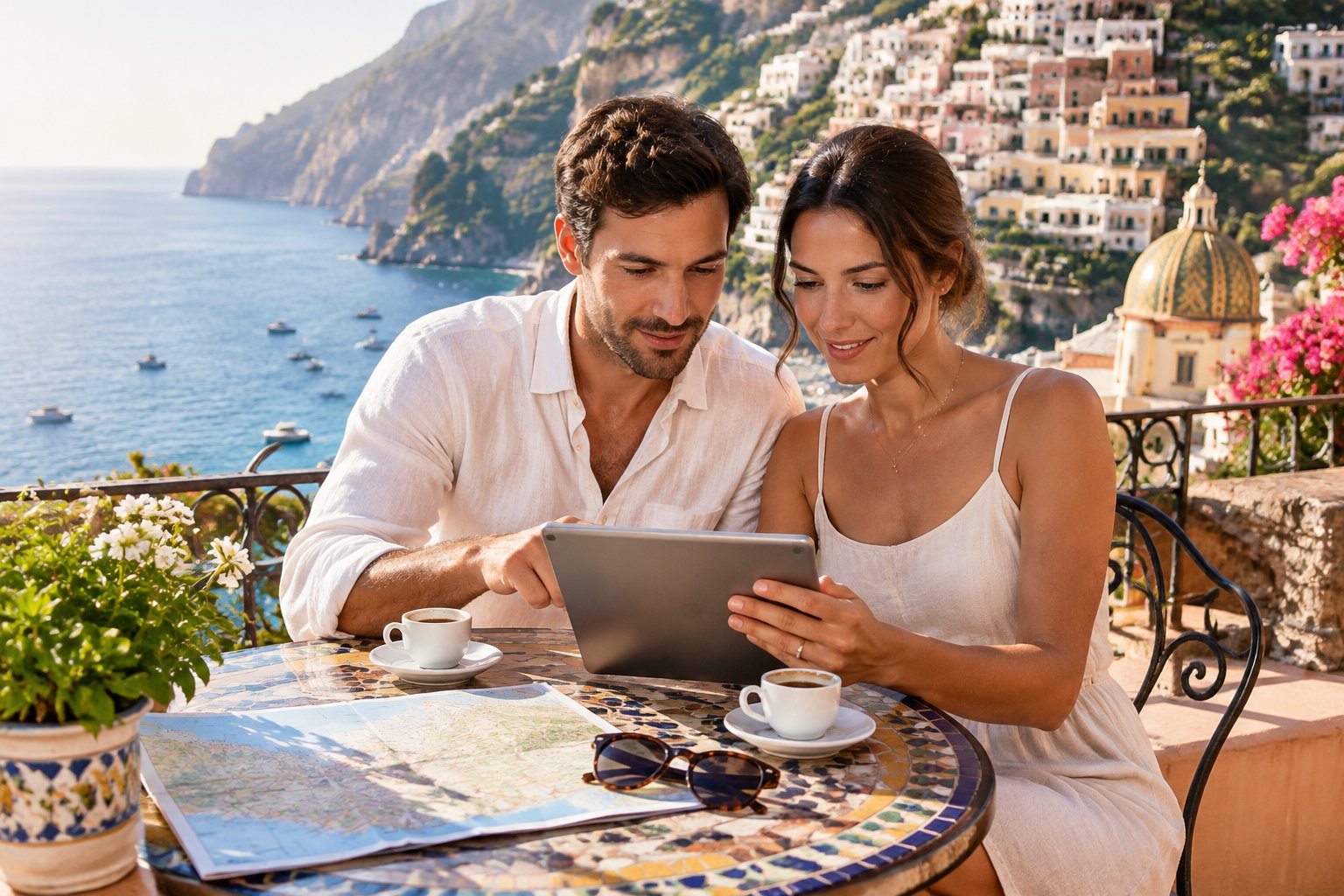 A newlywed couple compares travel options at a café overlooking the Amalfi Coast.