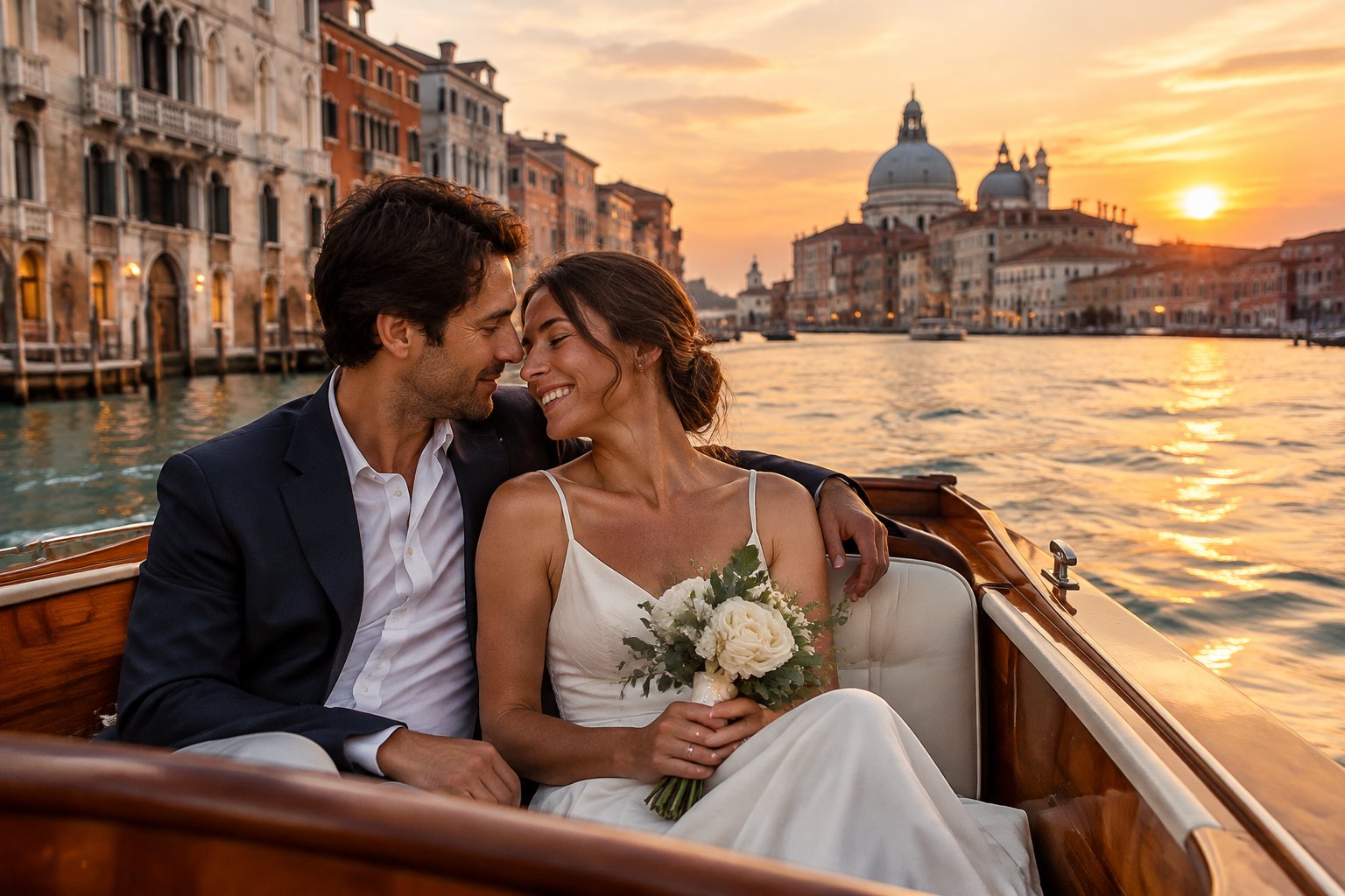 A newlywed couple shares a sunset boat ride along Venice’s Grand Canal.