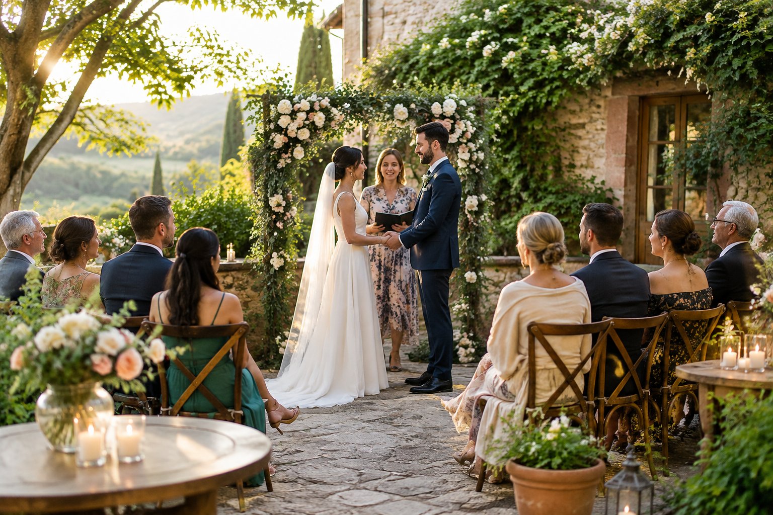 A couple exchanges vows in a garden courtyard as a small group of guests watches.