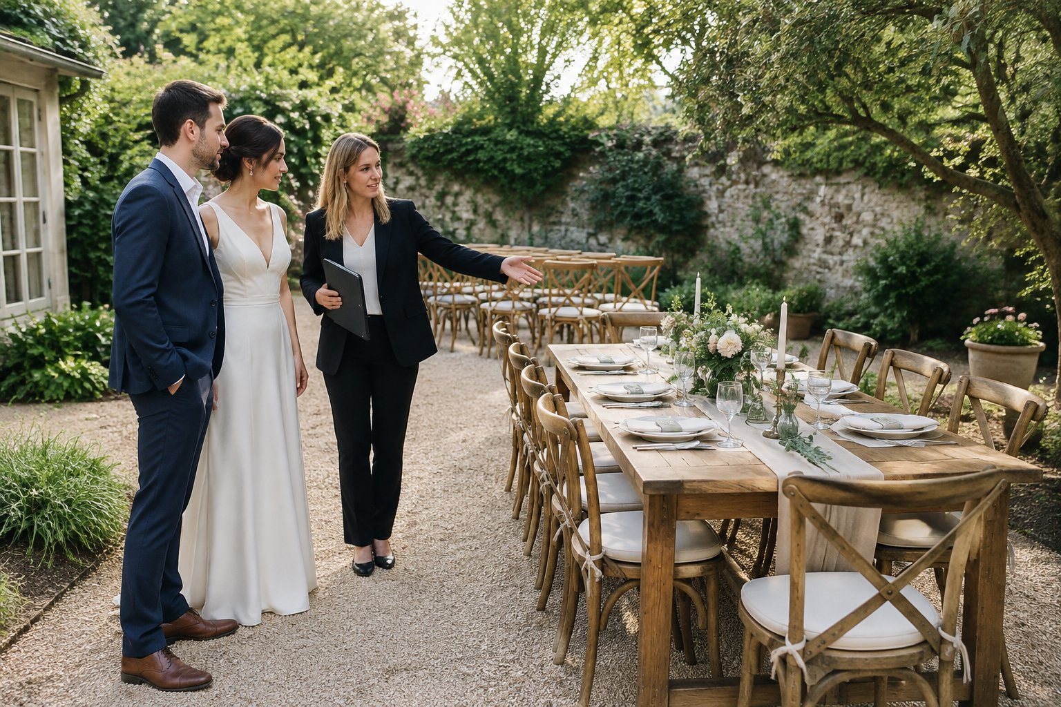 A couple and wedding planner discuss seating at a small garden wedding venue.