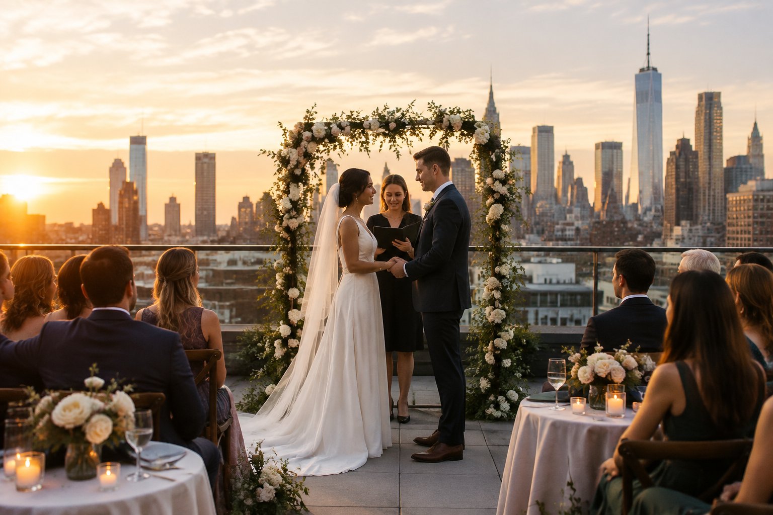 A couple exchanges vows on a rooftop terrace as a small group of guests watches, with a city skyline in the background.