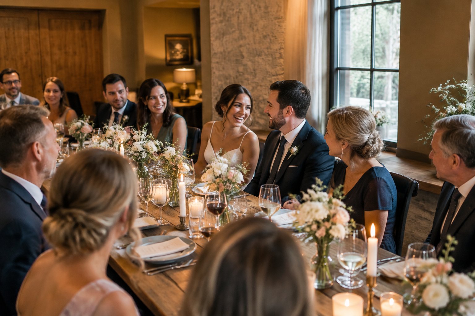 A newlywed couple shares dinner with close friends and family in a cozy restaurant room.