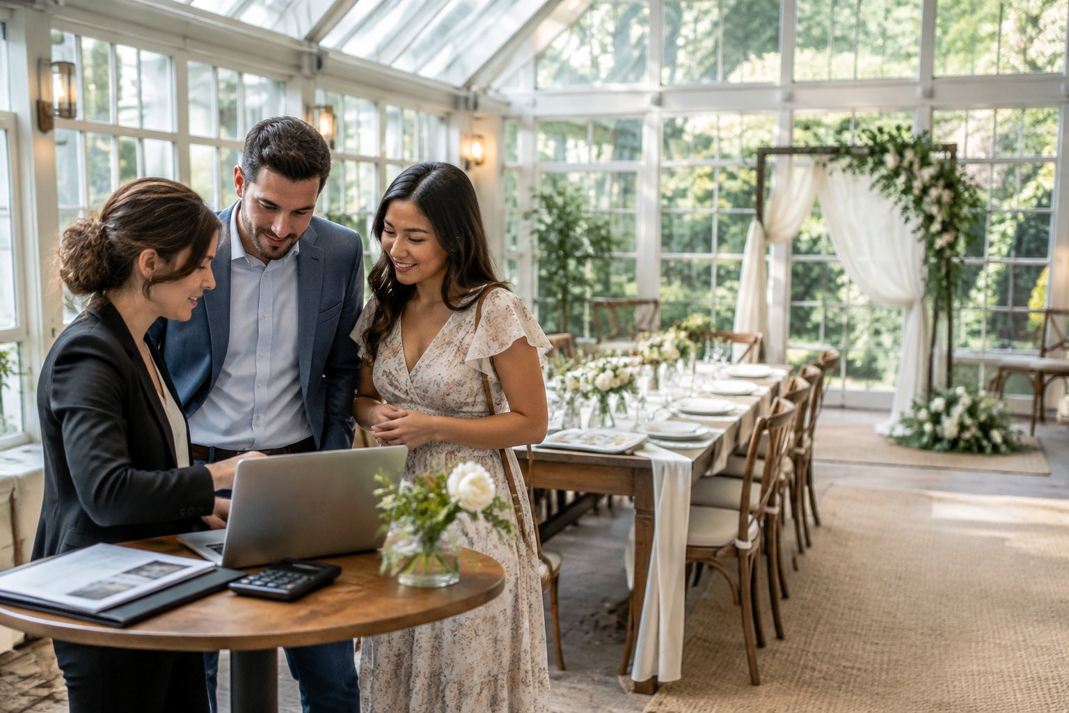 A couple and planner discuss arrangements in a small wedding venue.