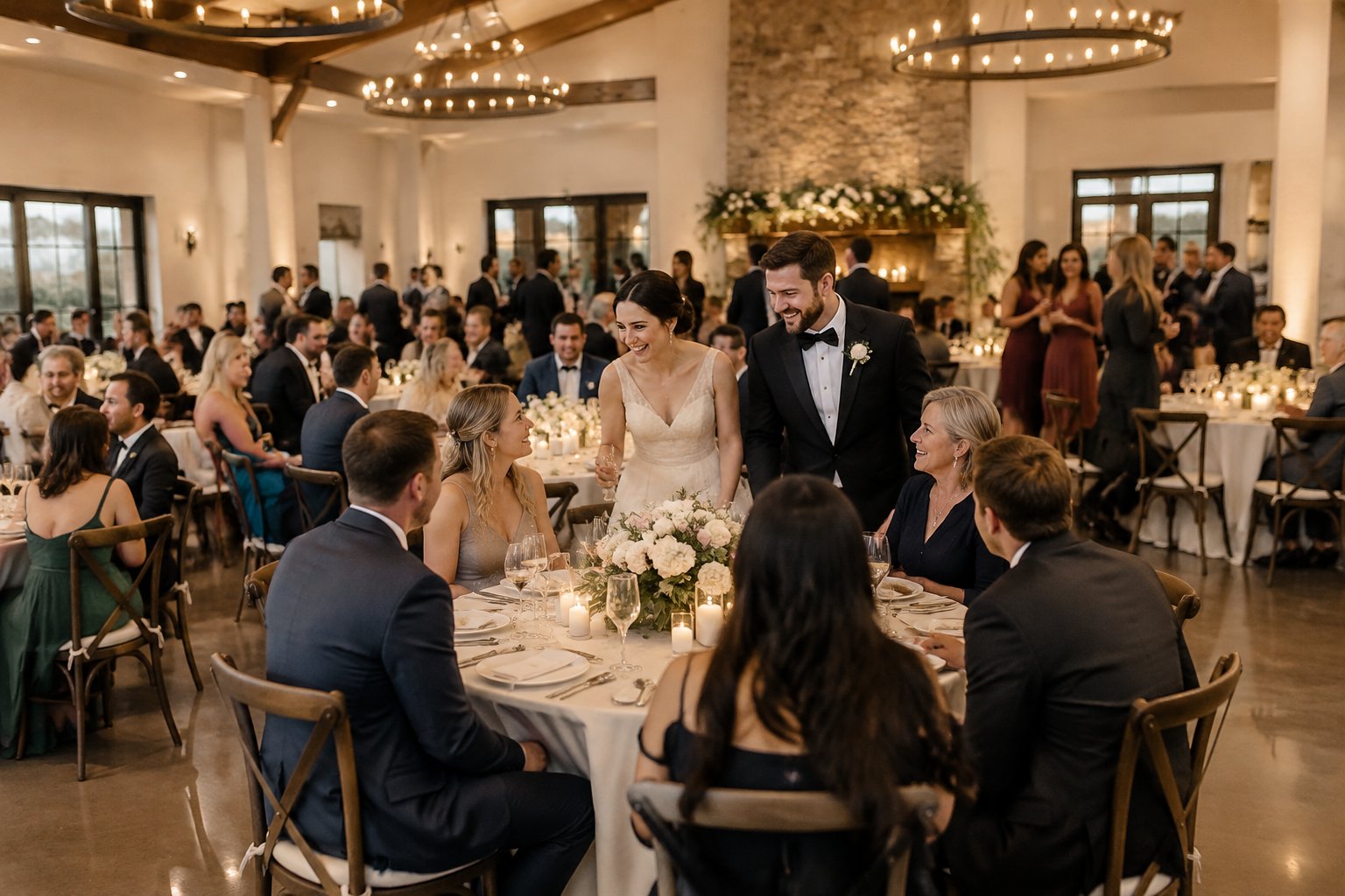 A bride and groom celebrate with guests at a wedding reception.