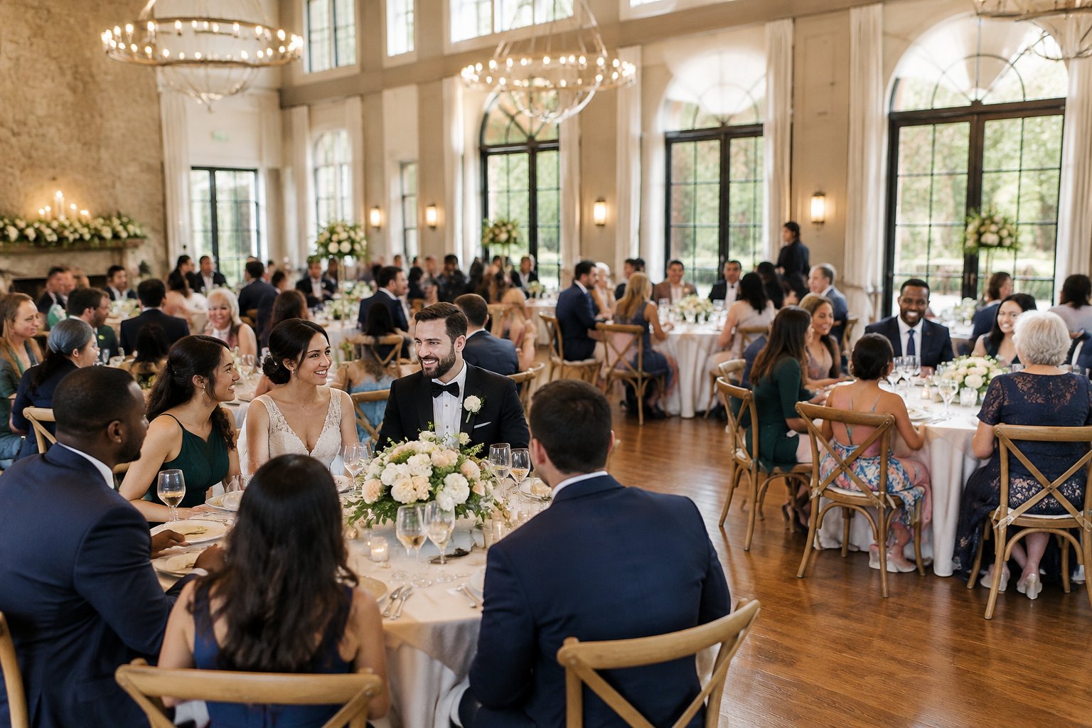 Wedding guests gather around tables as the newlywed couple celebrates.