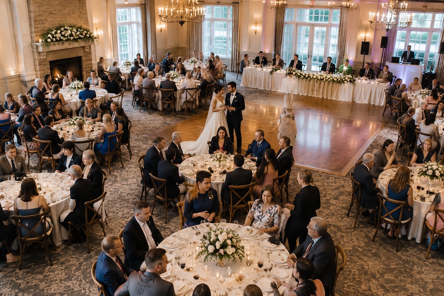 A newlywed couple celebrates in a reception room filled with seated wedding guests.