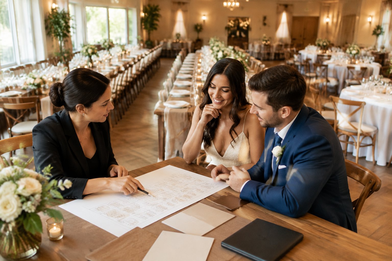 A couple and wedding planner review arrangements in a reception hall set for many guests.