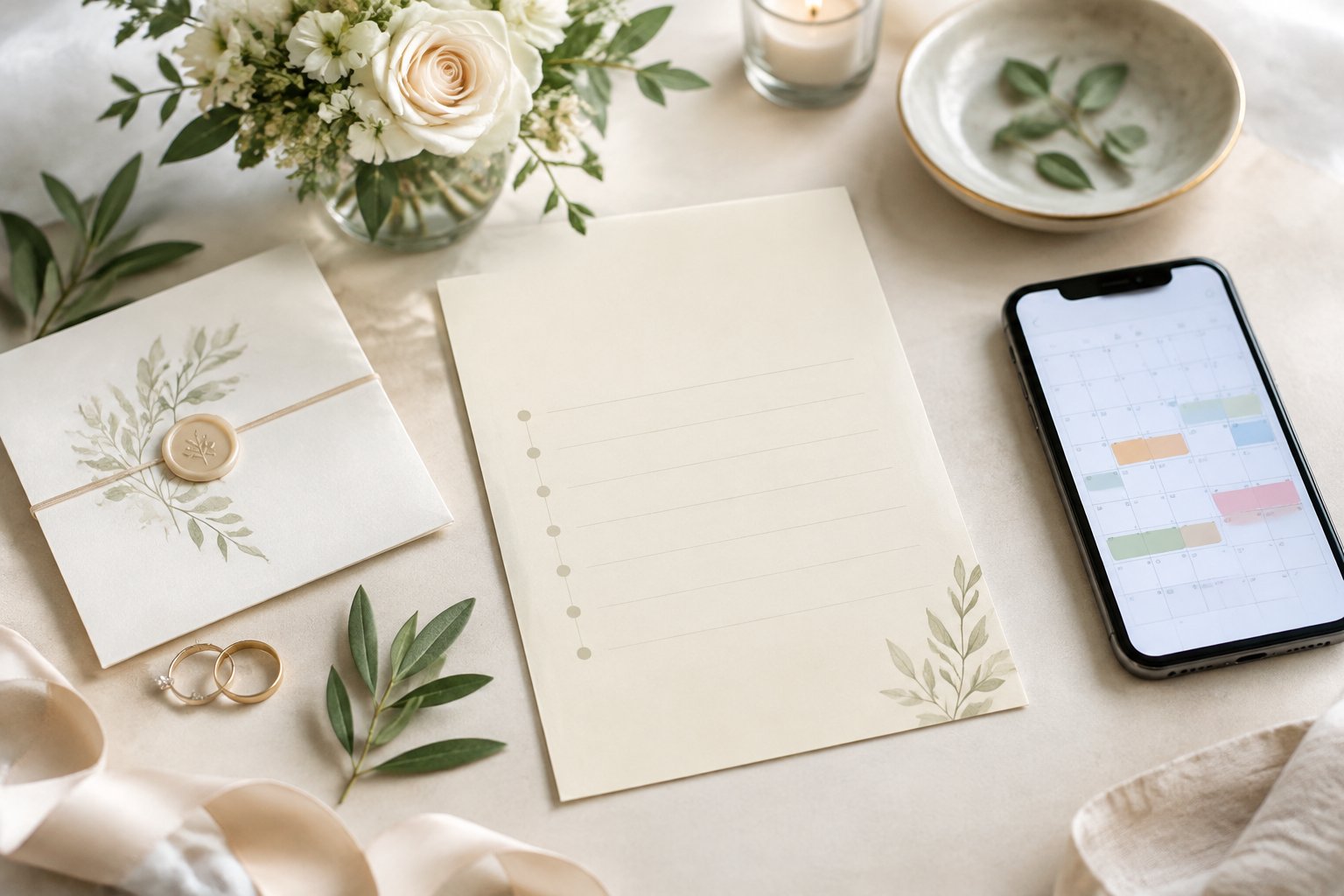 A blank wedding schedule card arranged with rings, flowers, greenery, and a smartphone.