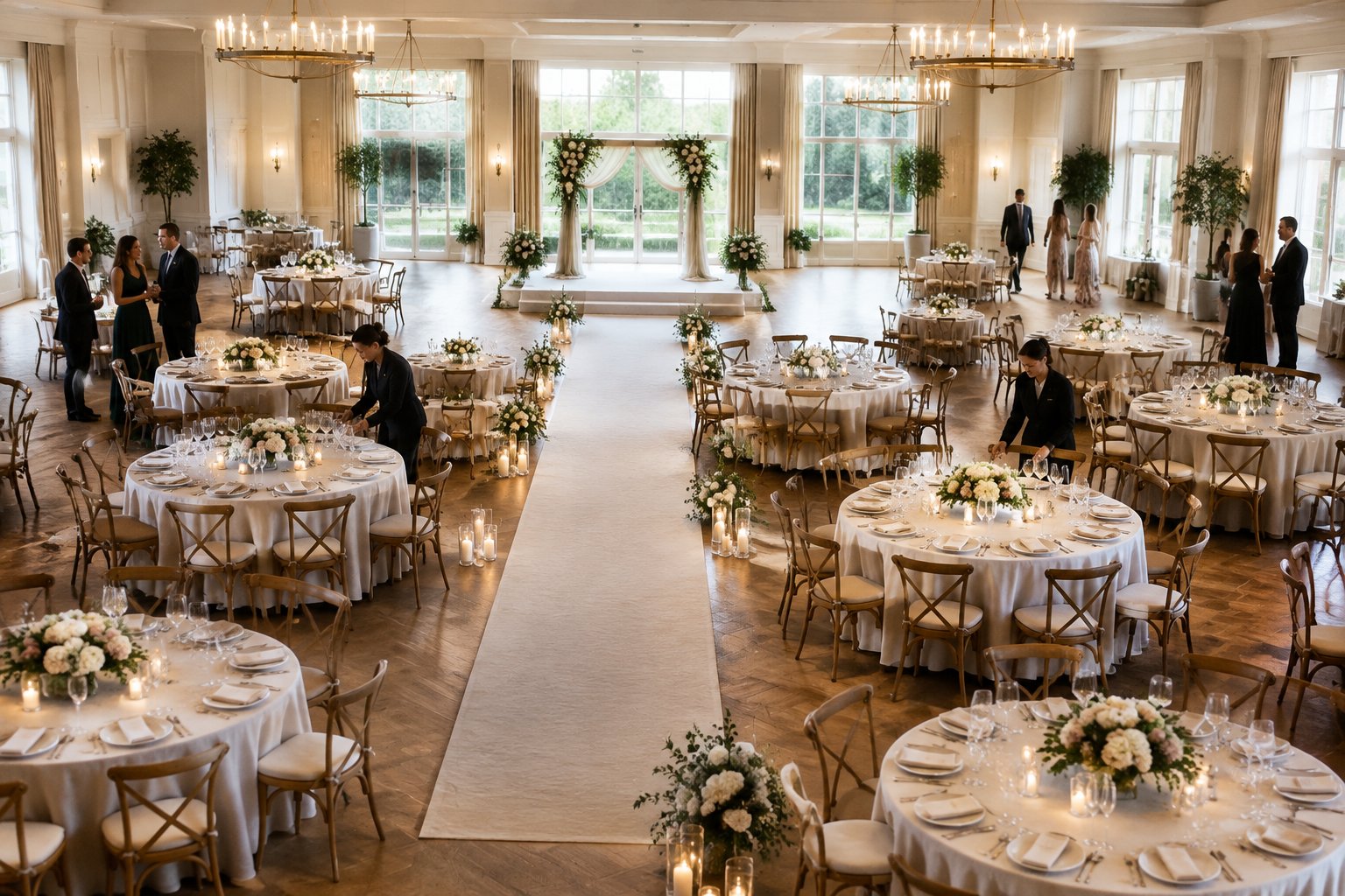 A wedding reception venue with arranged guest tables and people preparing for the celebration.