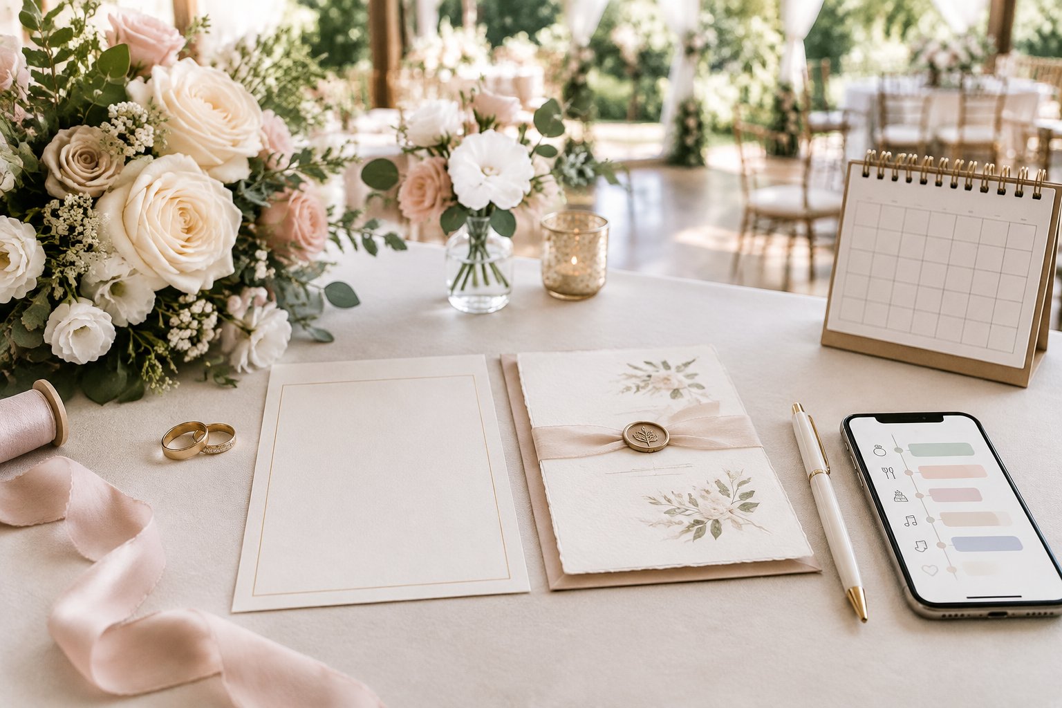 Wedding-planning items arranged on a table beside flowers and a decorated venue.