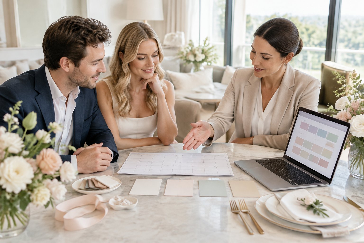 A couple and a wedding planner review a weekend schedule at a table.