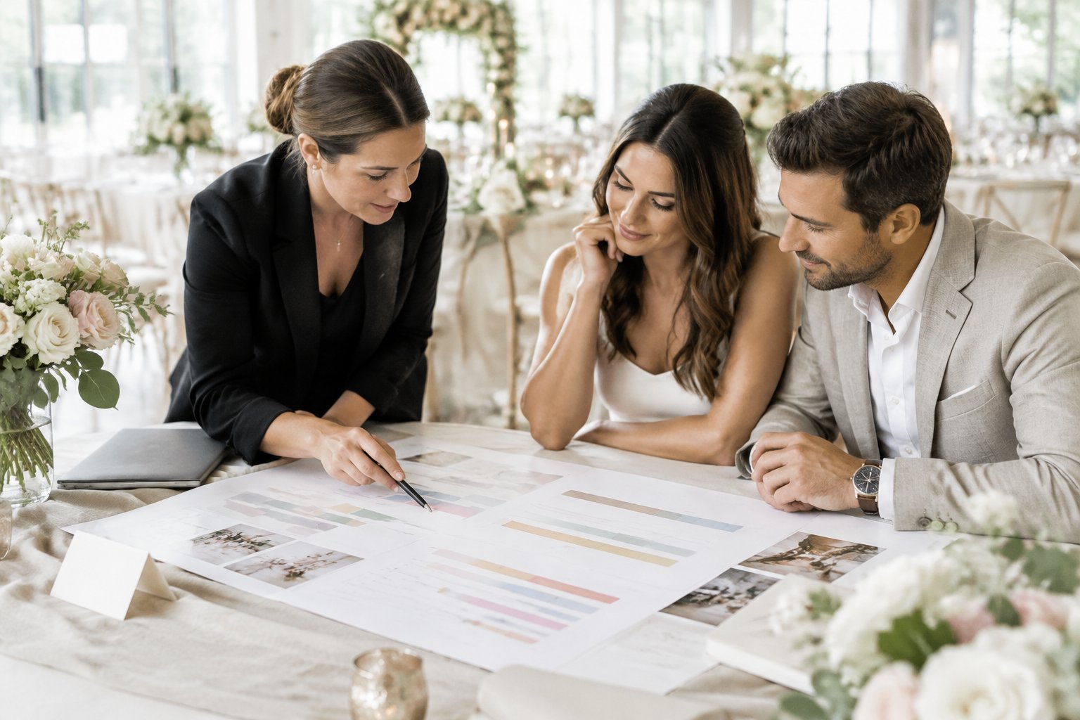 A couple and wedding planner review a schedule at a table in a wedding venue.
